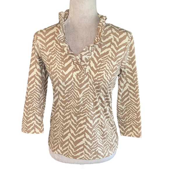 J. McLaughlin Durham Tan & Cream Zebra Print Ruffle Collar Top - XS - Picture 2 of 11